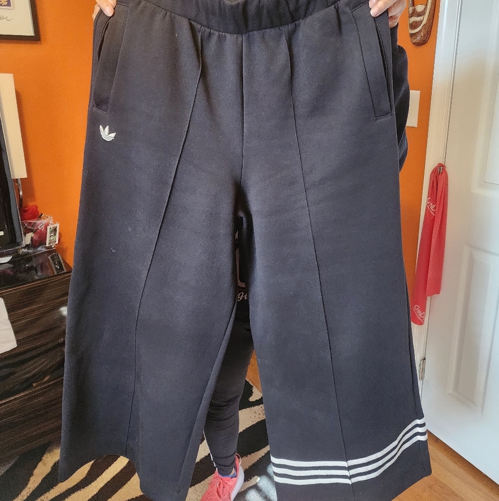 Adidas Black Wide-Leg Pants with White Stripes